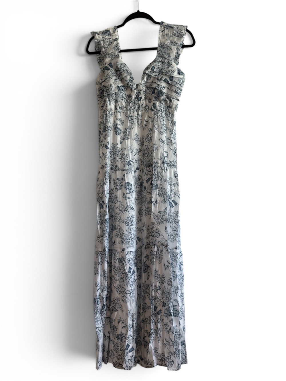 Women's Floral Maxi Dress with Ruffle Straps - White & Blue